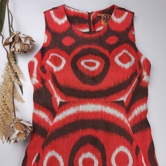 Tory Burch Red Cream Brown Linen Dress Sz 4 - Picture 7 of 12